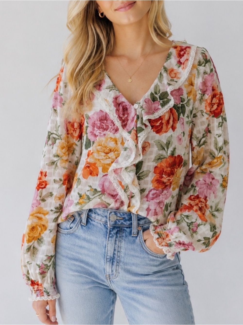 Show Me Your MuMu Lydia Ruffle V-Neck Blouse Ivory Hillside Floral 25628 - Picture 1 of 15